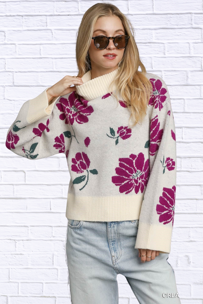 Umgee Floral Patterned Mock Neck Sweater