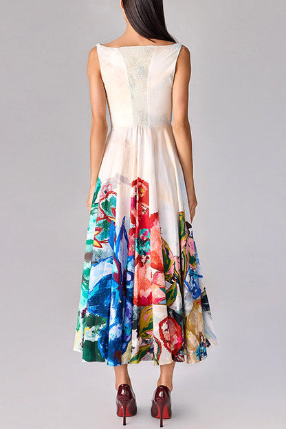 Square Neck Sleeveless Floral Print Midi Dress
