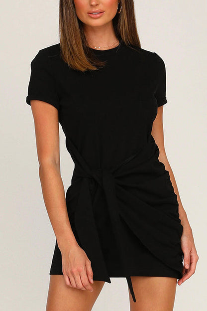 Short Sleeve Knot Waist Solid T-shirt Dress Black