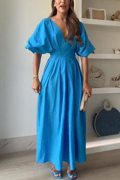 Elegant V Neck High Waist Ruched Swing Maxi Dress