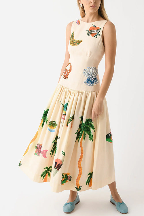 Rosiedress Sleeveless Tropic Print Open Back Ruffle Maxi Dress