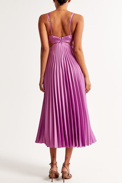 V Neck Cut Out Waist Sleeveless Pleated Maxi Dress