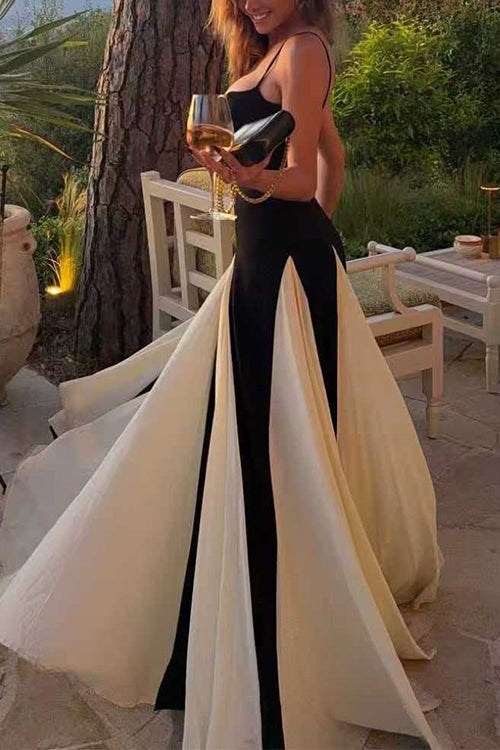 Spaghetti Strap Low Cut Color Block Swing Maxi Dress
