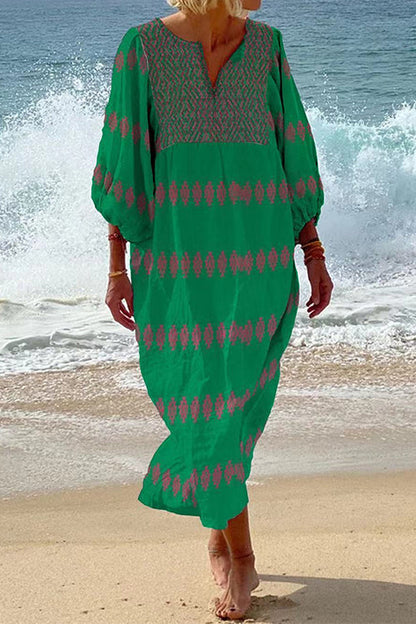 Rosiedress 3/4 Balloon Sleeves Bohe Printed Caftan Midi Vacation Dress Green