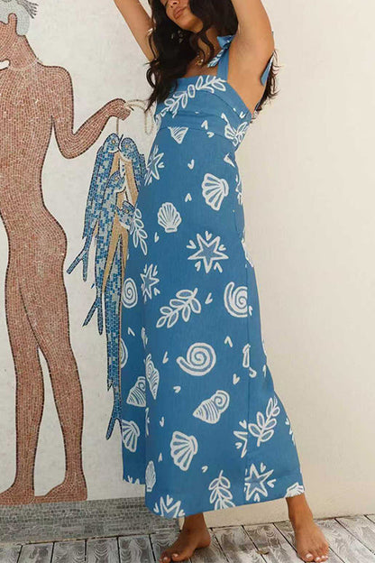 Bow Shoulder Sleeveless Seashell Print Maxi Dress