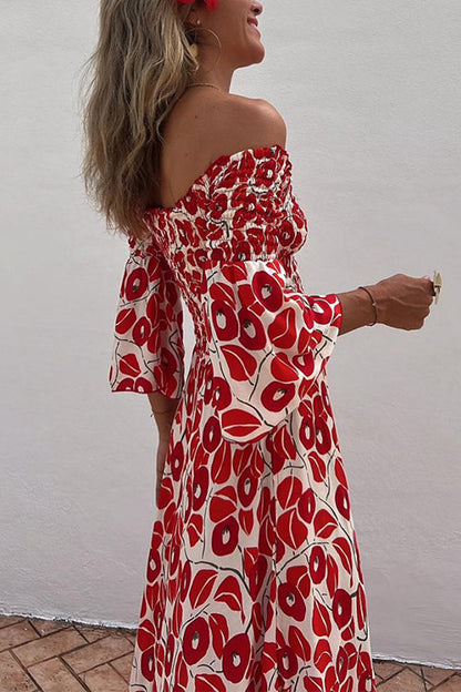 Off Shoulder Bell Sleeves Abstract Print Swing Maxi Dress