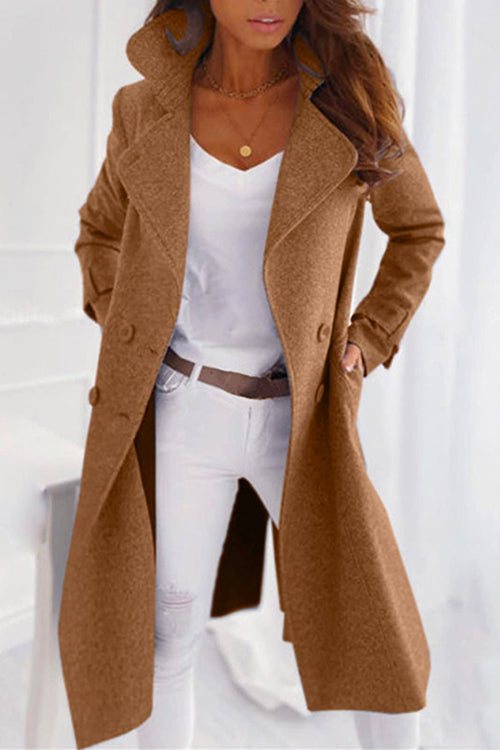 Classic Double Breasted Collared Midi Winter Overcoat Coffee