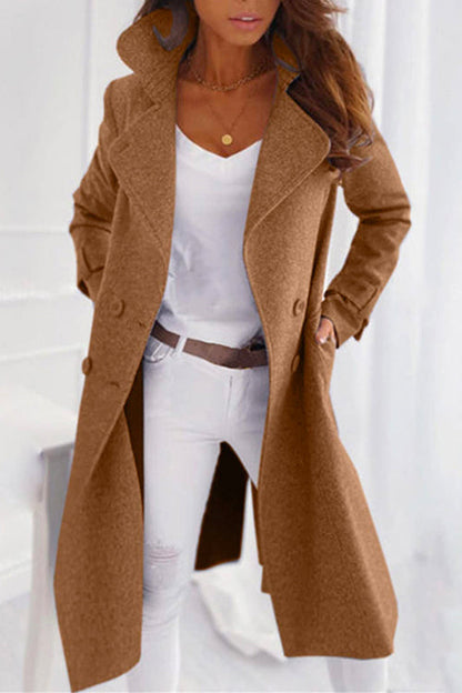 Classic Double Breasted Collared Midi Winter Overcoat Coffee