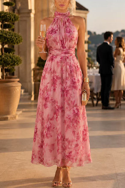 Sleeveless Zipper Back Waisted Floral Print Maxi Dress
