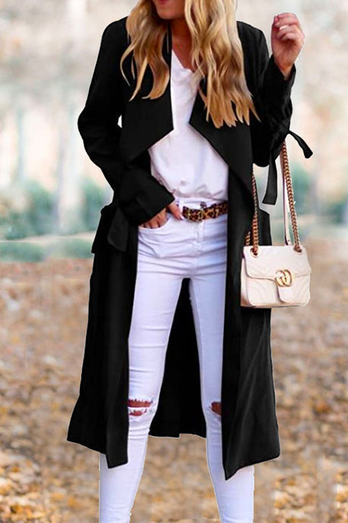 Drap Front Tie Waist Solid Fall Midi Cardigan Black