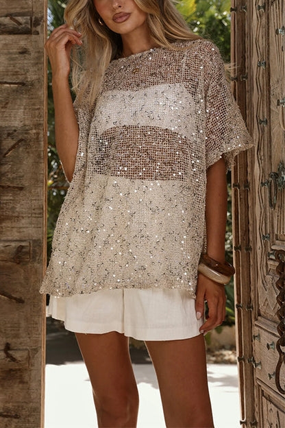 Crewneck Half Sleeves Crochet Hollow Out Sequin Top