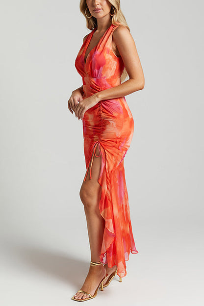 Sleeveless V Neck Drawstring Ruched Slit Print Maxi Dress