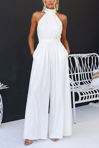 Halter Neck High Waist Pocketed Wide Leg Jumpsuit
