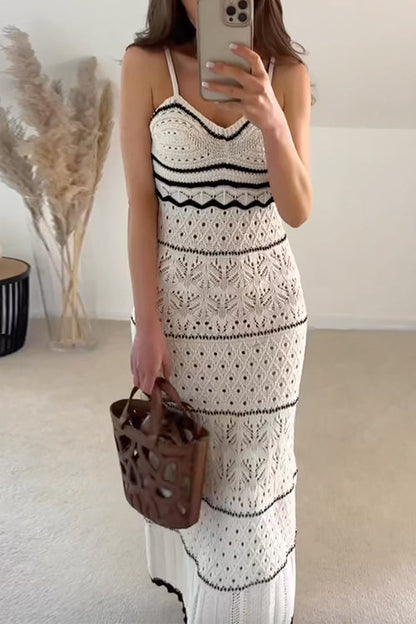 Rosiedress V Neck Crochet Hollow Out Color Block Knitting Maxi Cami Dress