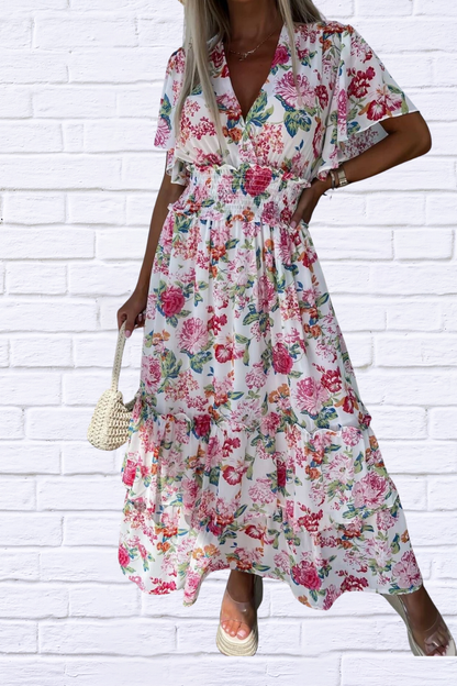 Floral Print Flutter Sleeve Maxi Dress