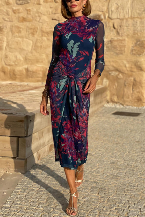 Mockneck Long Sleeves Tie Knot Front Printed Midi Dress