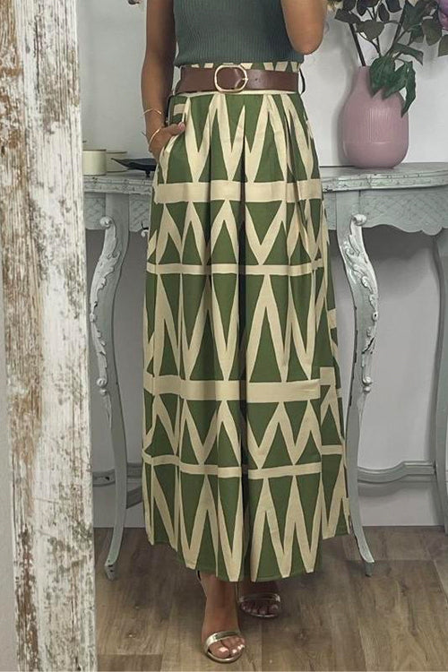 Rosiedress Pocketed Geometric Printed A-line Maxi Swing Skirt Green