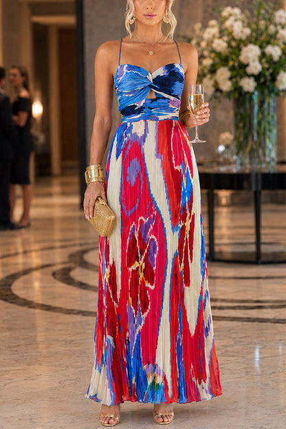 Spaghetti Strap Twist Front Cut Out Floral Print Maxi Dress