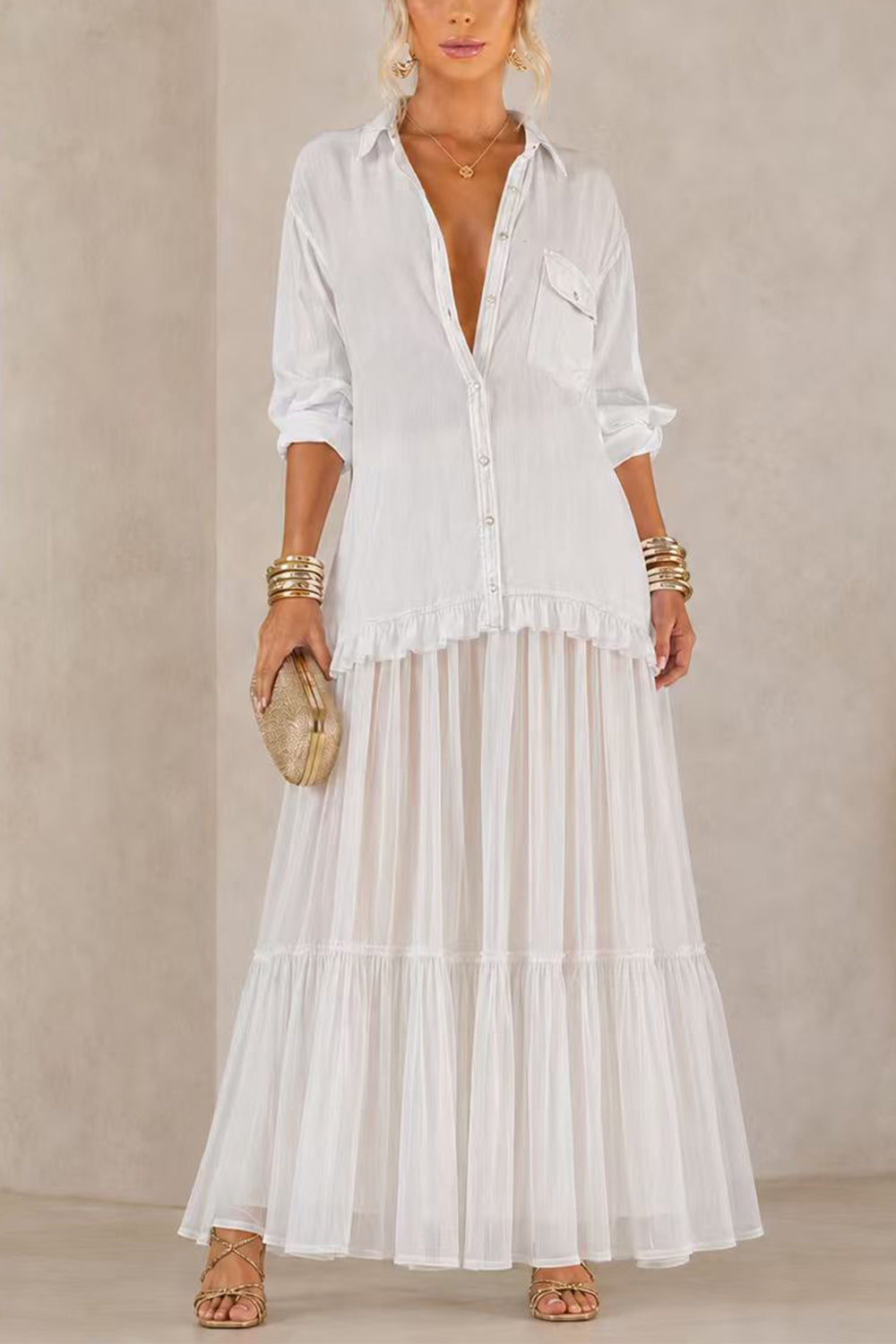 Lapel Long Sleeves Organza Splice Ruffle Denim Maxi Dress