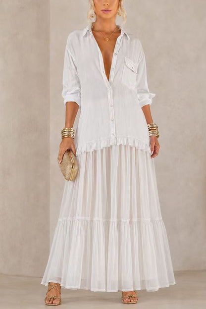 Lapel Long Sleeves Organza Splice Ruffle Denim Maxi Dress