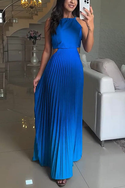 Sleeveless Cut Out Back Lace-up Gradient Pleated Maxi Dress