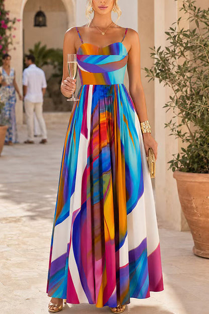 Spaghetti Strap Rainbow Printed Maxi Dress