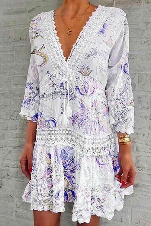 V Neck Lace Trim Tassel Swing Dress Blue