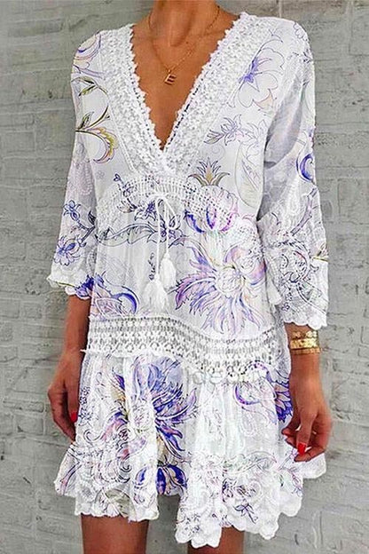 V Neck Lace Trim Tassel Swing Dress Blue