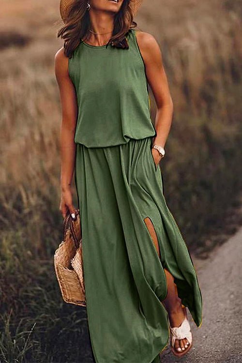 Rosiedress Sleeveless Waisted Slit Maxi Tank Dress DarkGreen