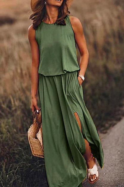 Sleeveless Waisted Slit Maxi Tank Dress DarkGreen