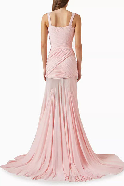 V Neck Sleeveless Splice Ruched Maxi Dress