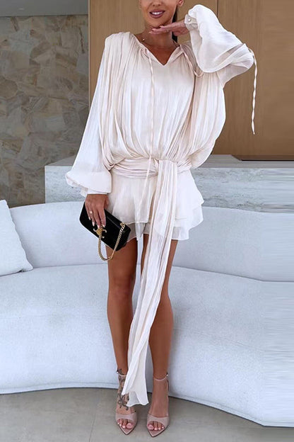 Lantern Long Sleeves Draped Ruffle Layered Mini Dress with Shorts