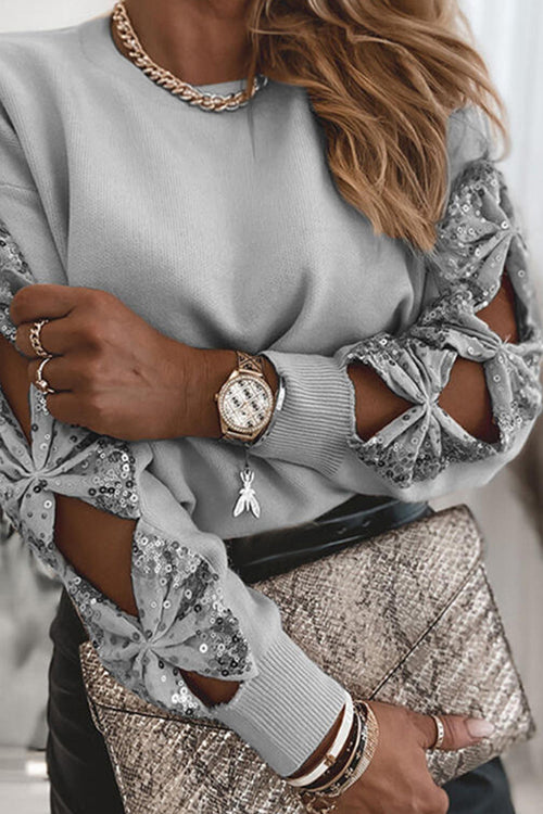 Crewneck Sequin Butterfly Cut Out Sweater Gray