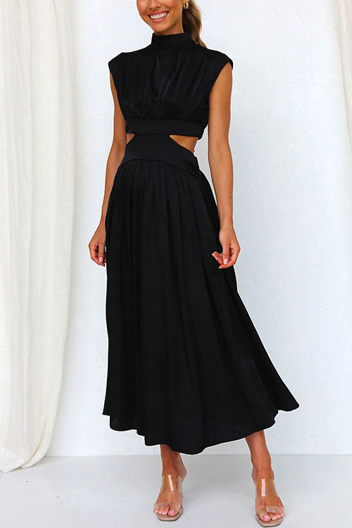 Mockneck Cut Out Waist Pockets Swing Dress Black