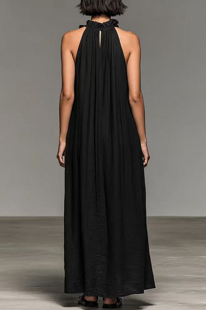 Sleeveless Linen Blend Ruffle Pocketed Maxi Dress