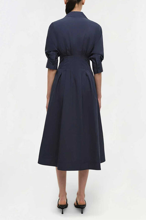 Lapel Button Up Solid Midi Shirt Dress