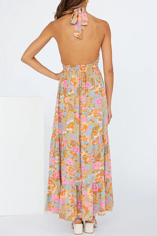 Rosiedress Criss Cross Halter Backless Cut Out Slit Floral Maxi Dress