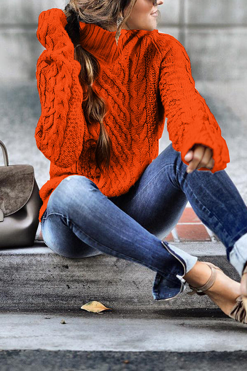 Mockneck Solid Cable Knit Pullover Sweater Orange