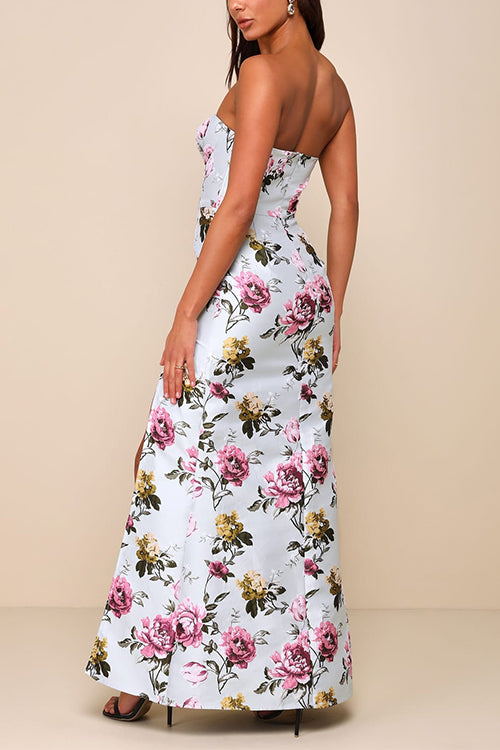 Strapless Waisted Slit Floral Print Maxi Dress