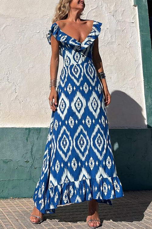 V Neck Waisted Boho Print Ruffle Maxi Dress