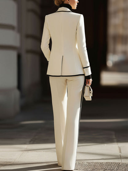 White Contrast - Trim Double - Breasted Suit Set