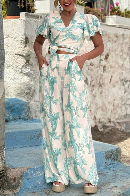 Flare Sleeves Tie Waist Crop Wrap Top and Pocketed Wide Leg Pants Printed Set Green