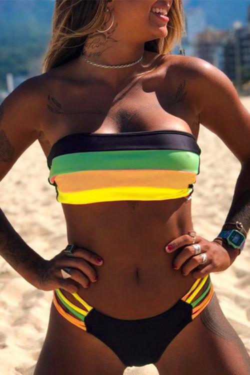 Rosiedress Rainbow Striped Tube Top Bandeau Bikini Set 2