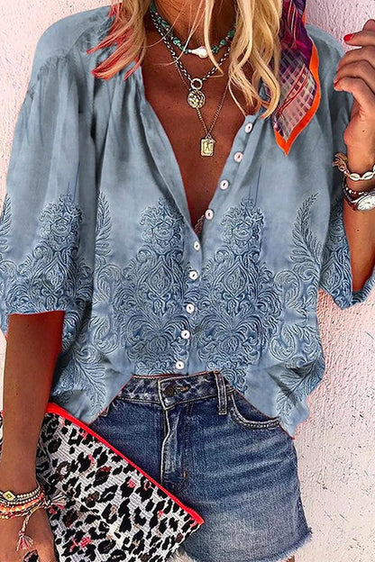 Long Sleeves Button Up Unique Print Shirt Blue