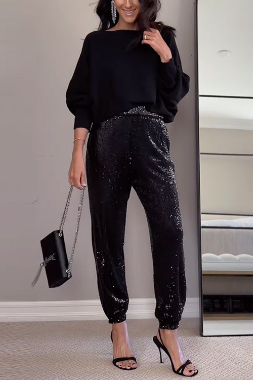 Glam High Rise Sparkly Sequin Joggers Black