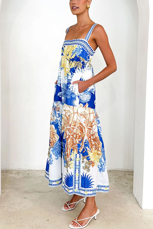 Pocketed Side Slit Printed Maxi Cami Dress
