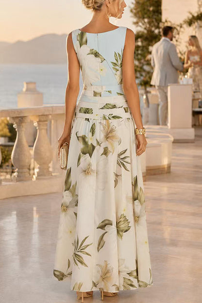Boat Neck Sleeveless Floral Print Flowy Maxi Dress