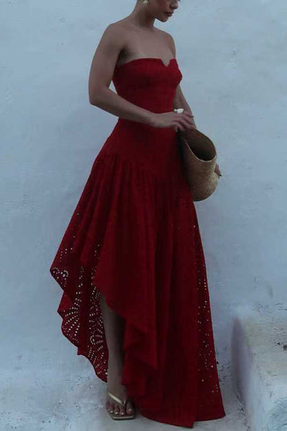 Strapless Hollow Out Lace Irregular Hem Maxi Dress