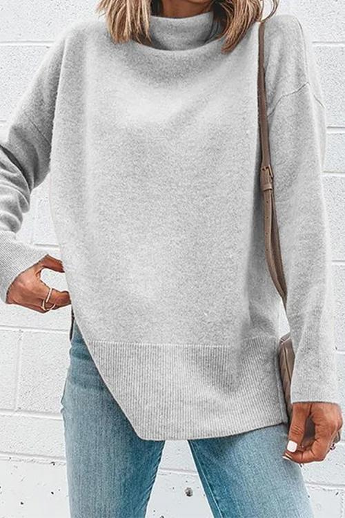 Janice Turtleneck Side Split Long Sleeve Top Gray