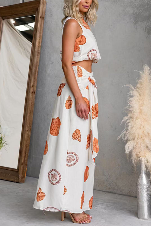 Sleeveless Crop Top Tie Knot Waist Maxi Skirt Shell Print Set
